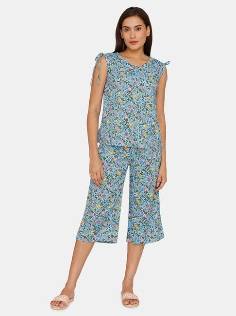 zivame blue printed top with capris