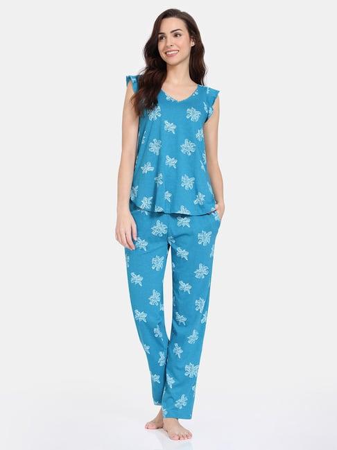 zivame blue printed top with pyjamas