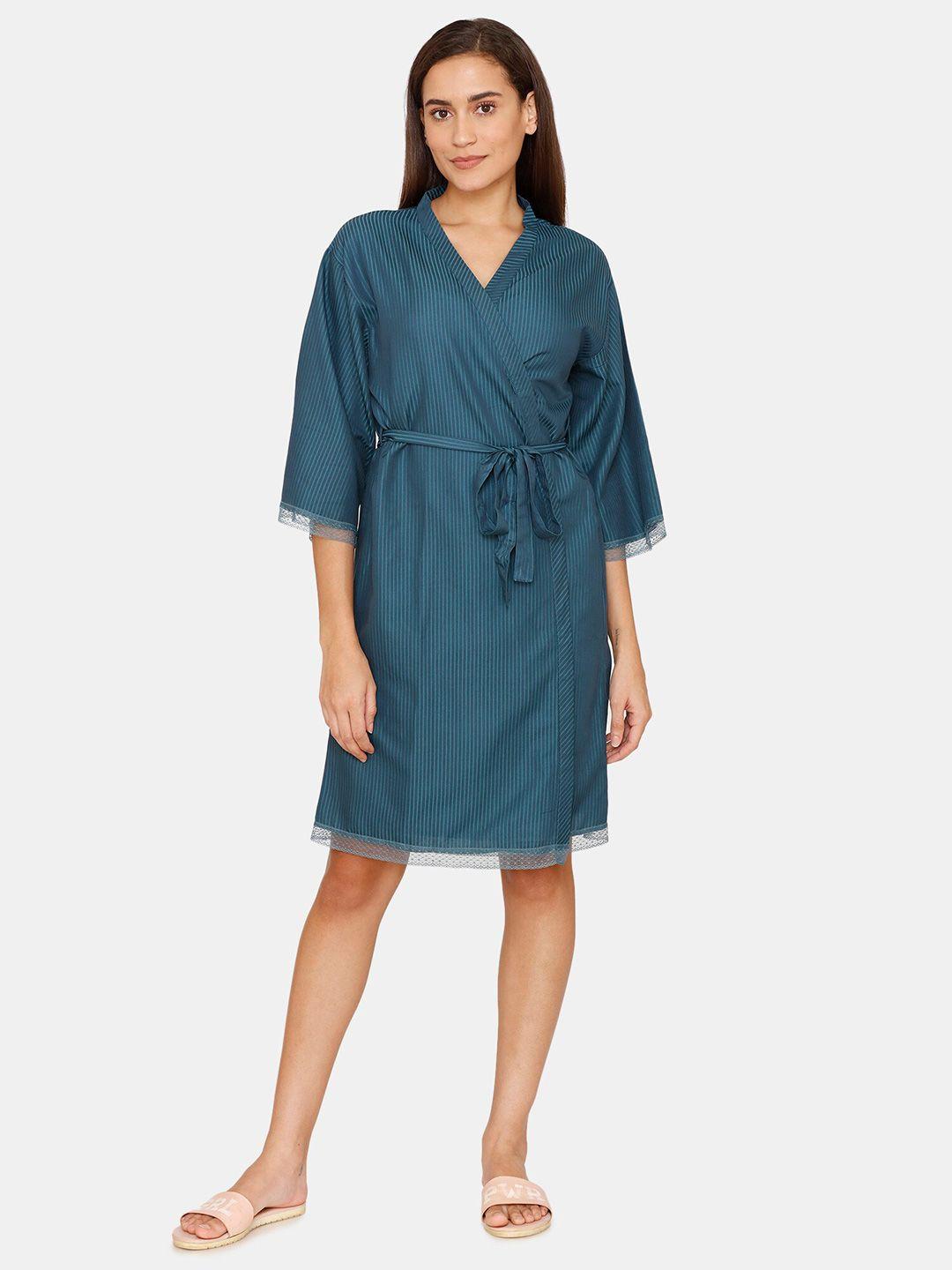zivame blue wrap nightdress with robe