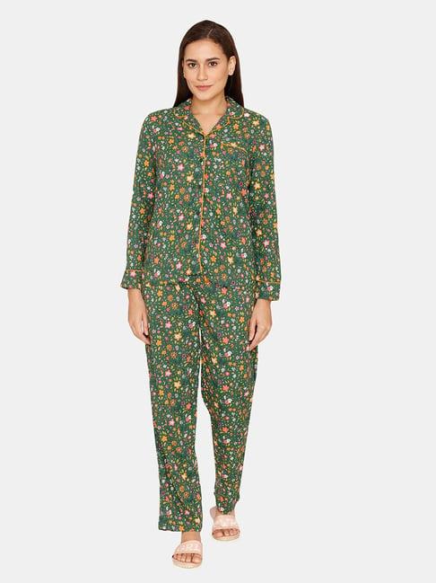 zivame green floral print shirt with pyjamas