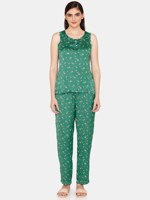 zivame green printed top with pyjamas