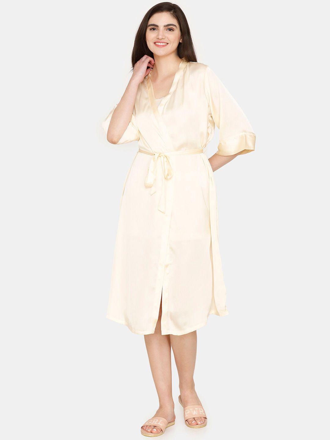 zivame knee length relaxed-fit robe with waist tie-up