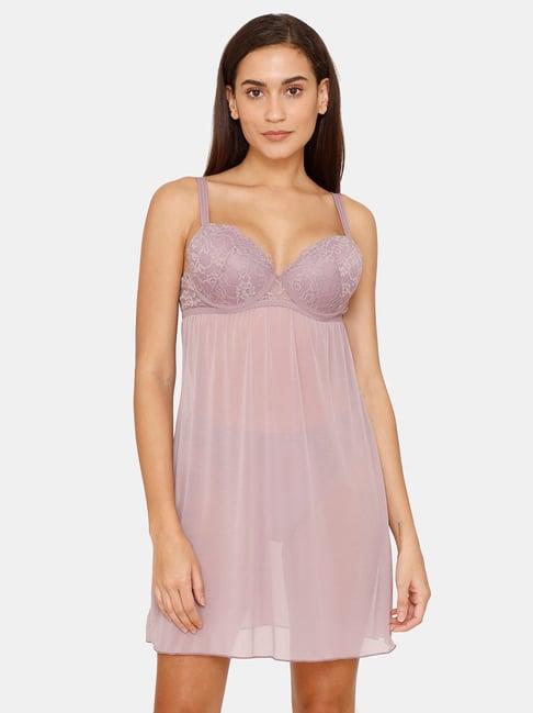 zivame light purple lace babydoll with thongs