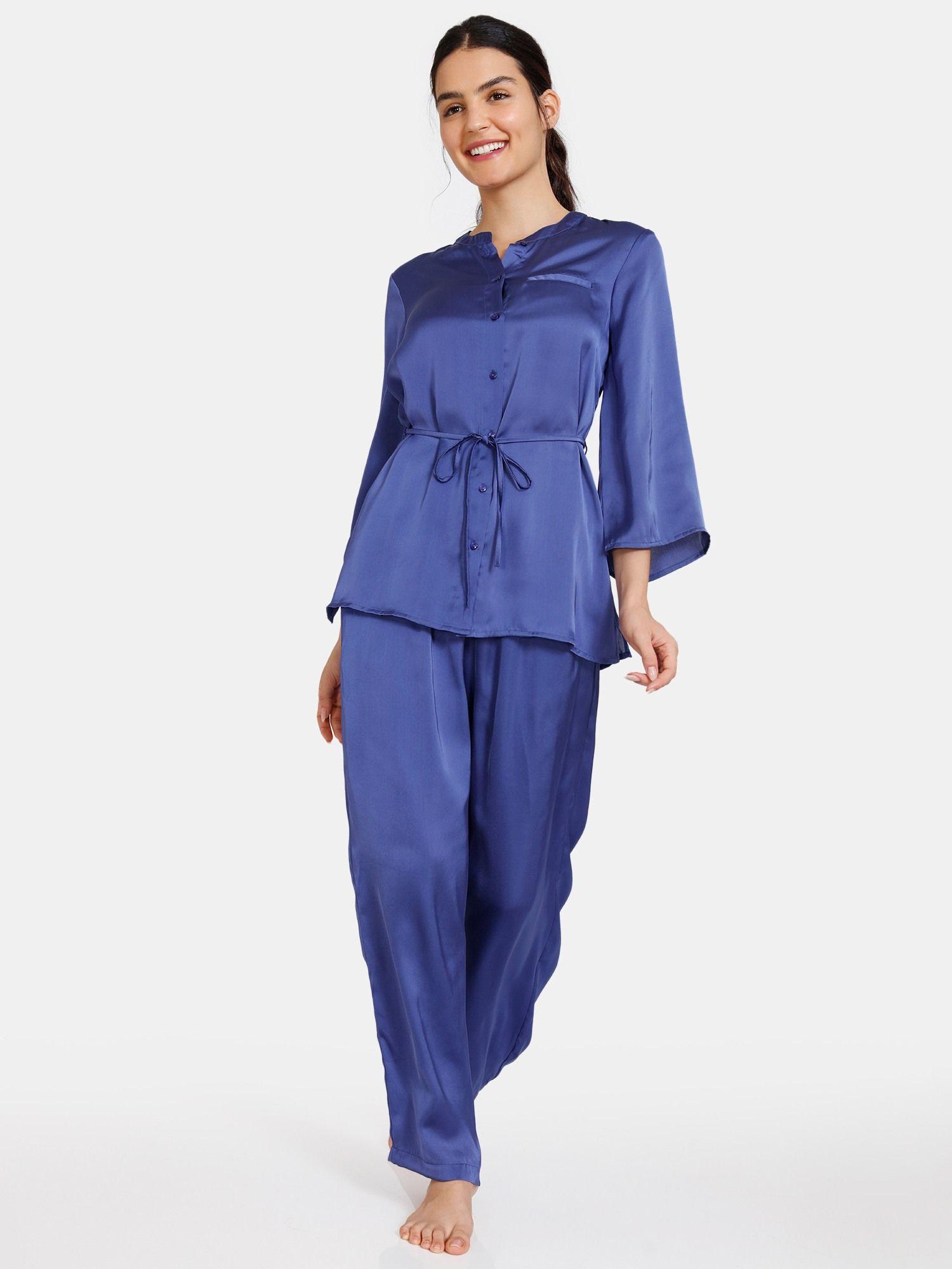 zivame modern love knit poly pyjama set-medieval blue