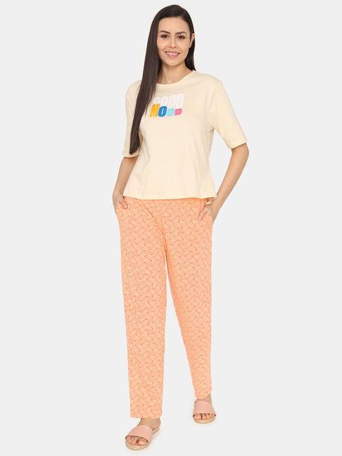 zivame orange & cream printed t-shirt with pyjamas