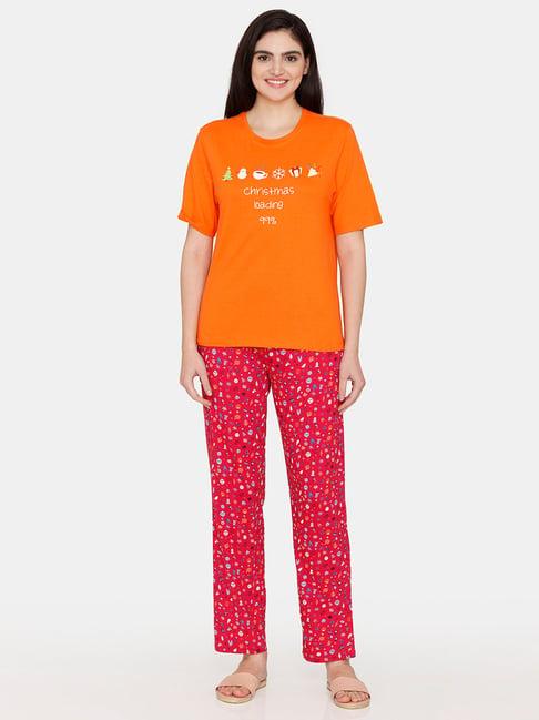 zivame orange & red printed t-shirt with pyjamas