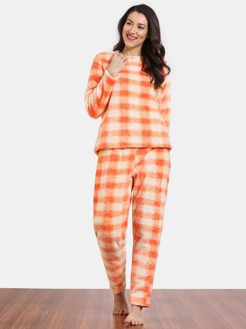 zivame orange chequered sweatshirt pyjamas set