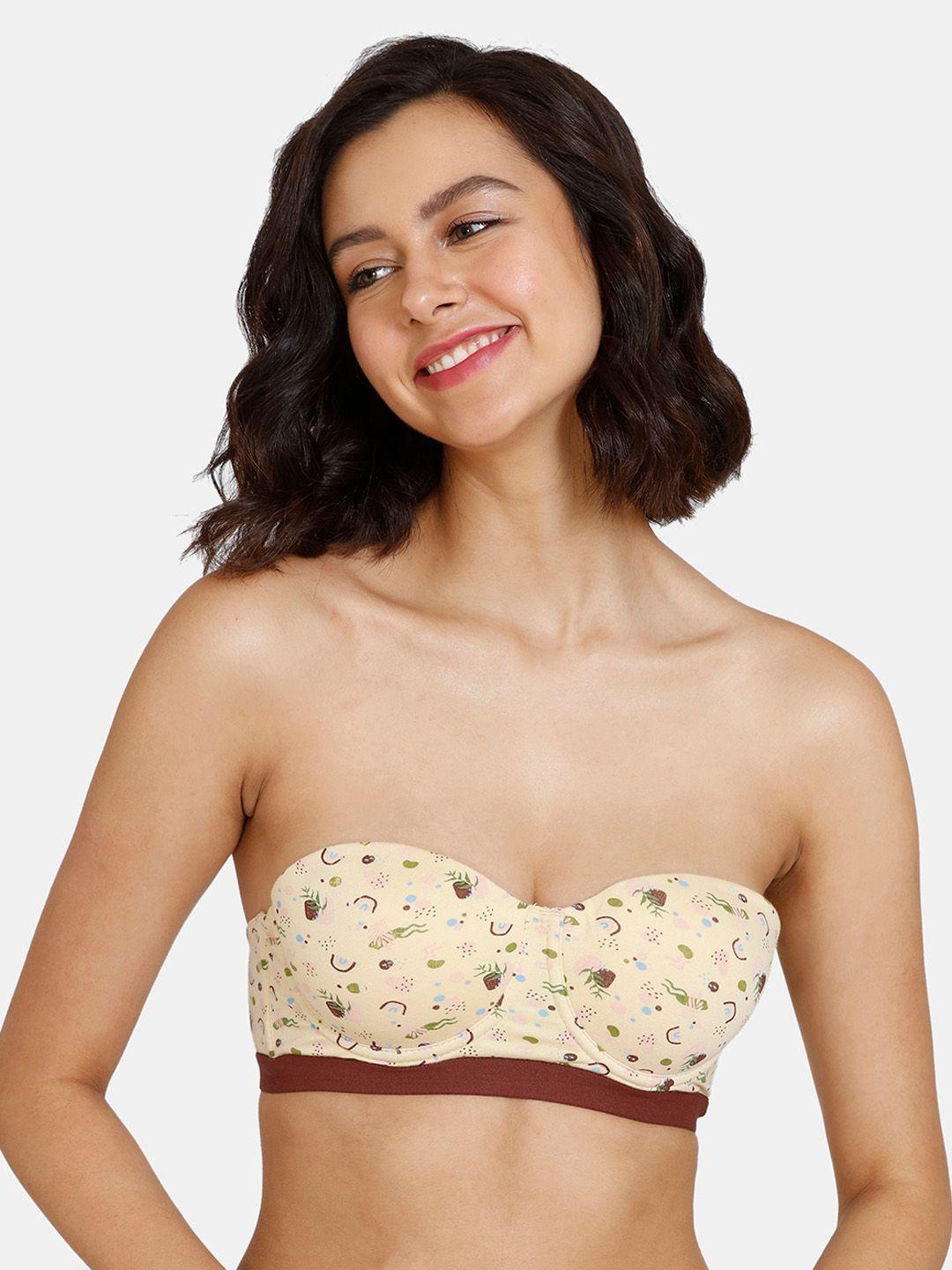 zivame peach-coloured & brown graphic underwired heavily padded bra