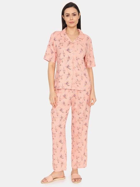 zivame peach floral print shirt pyjama set