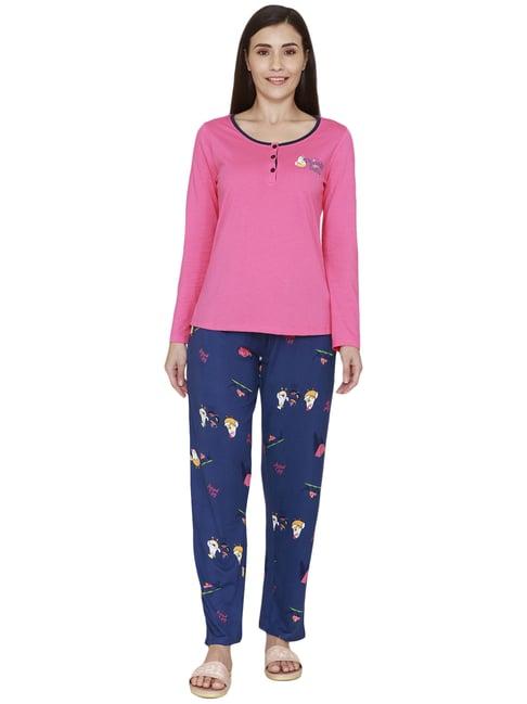 zivame pink & blue printed top pyjama set