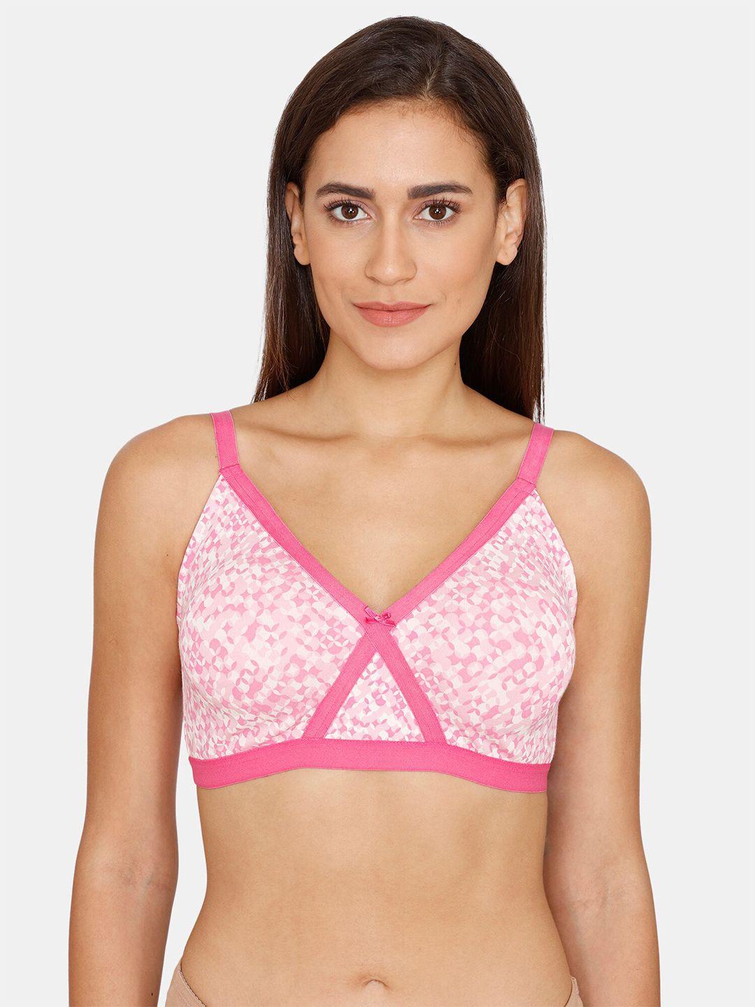 zivame pink & white abstract printed non-padded bra