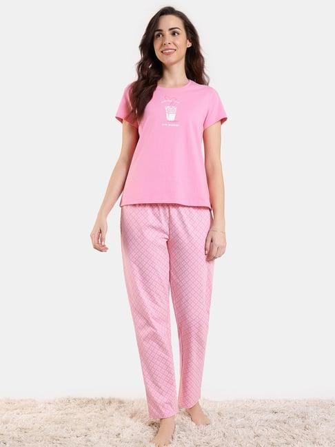 zivame pink cotton printed top with pyjamas