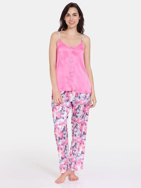 zivame pink printed camisole top with pyjamas