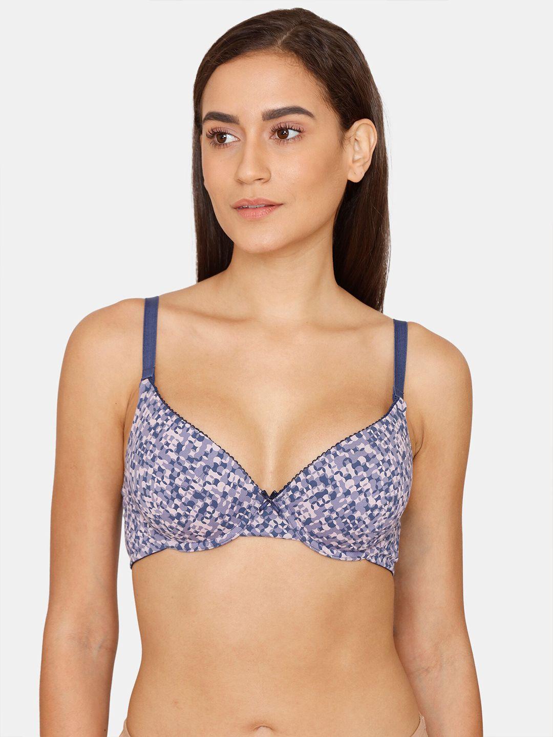 zivame purple & pink abstract printed bra underwired lightly padded