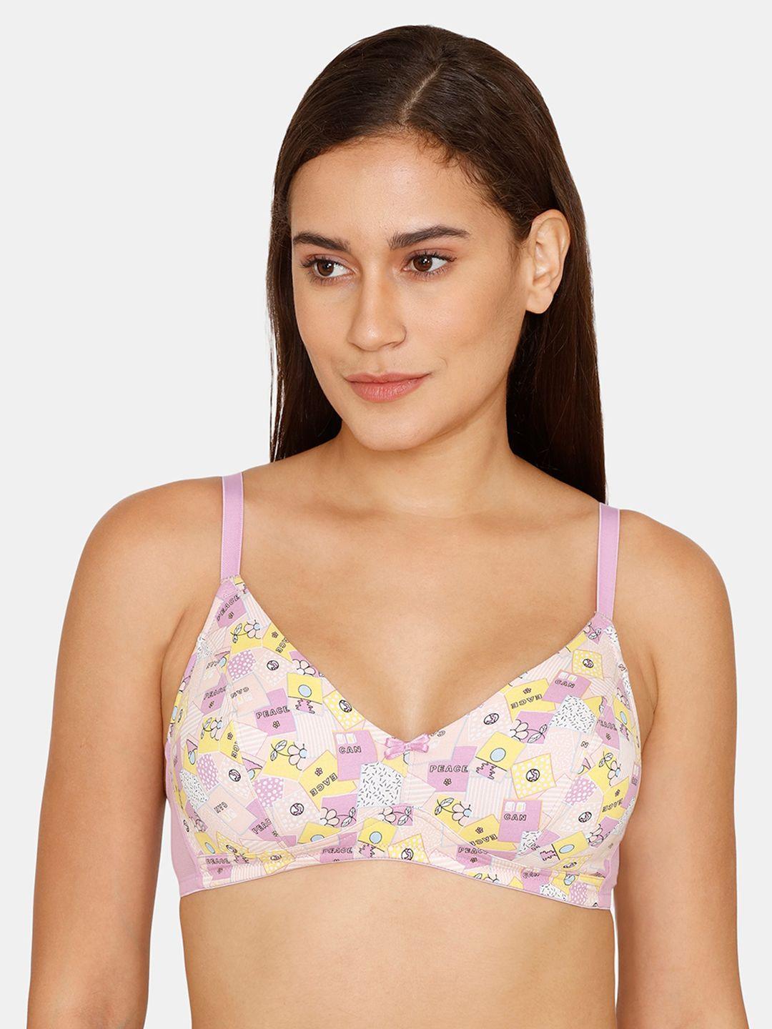 zivame purple & yellow typography bra lightly padded