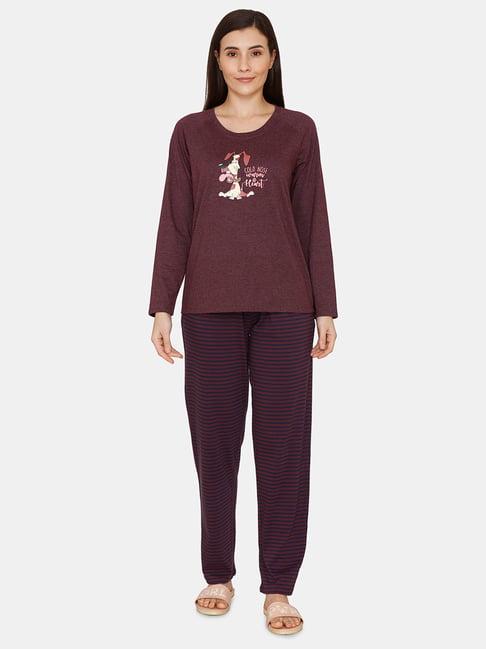 zivame purple graphic print top with pyjamas