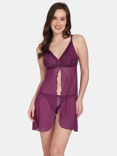 zivame purple lace babydoll with thongs
