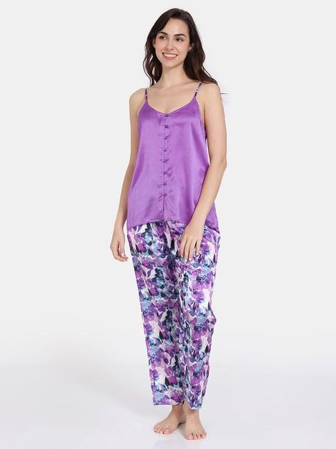 zivame purple printed camisole top with pyjamas