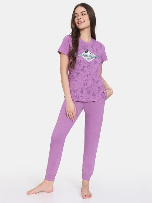 zivame purple printed lounge t-shirt with joggers