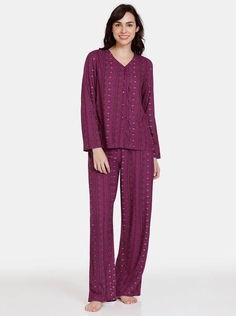 zivame purple printed shirt with pyjamas