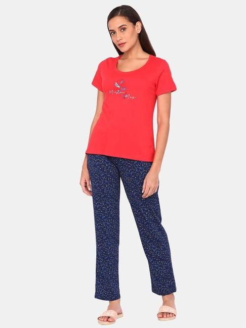 zivame red & blue printed t-shirt with pyjamas