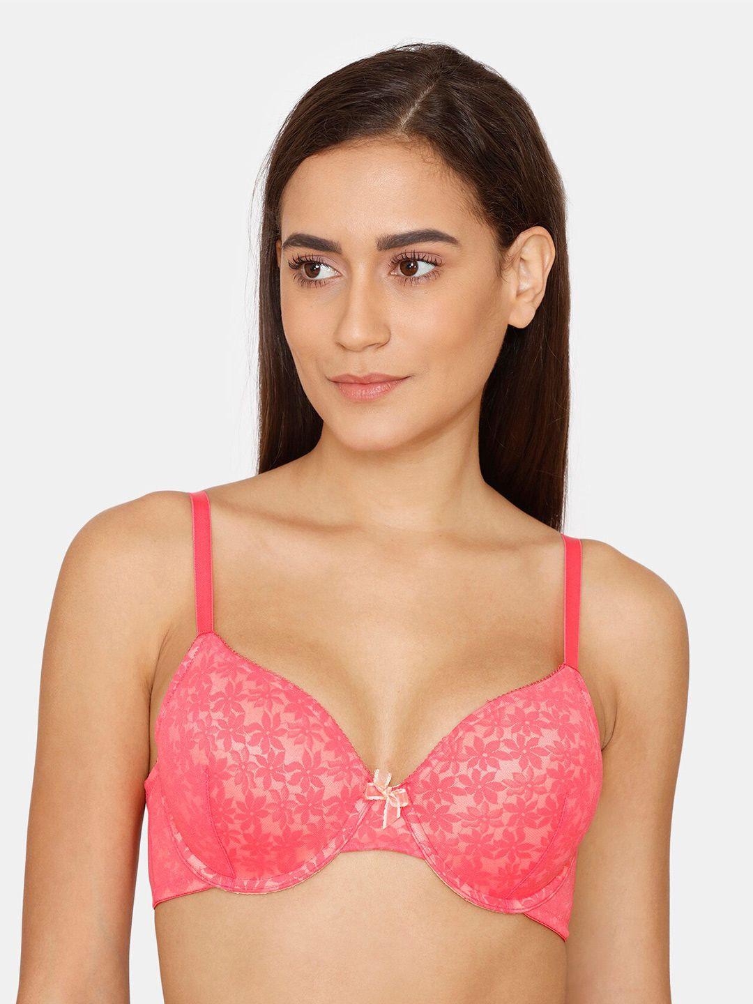 zivame red floral t-shirt bra underwired lightly padded