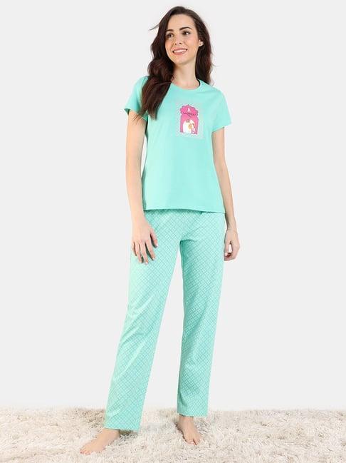zivame turquoise cotton printed top with pyjamas