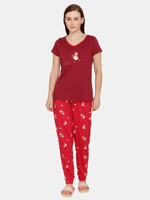 zivame wine printed t-shirt with pyjamas