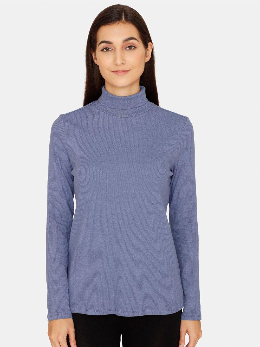 zivame women blue solid high neck top