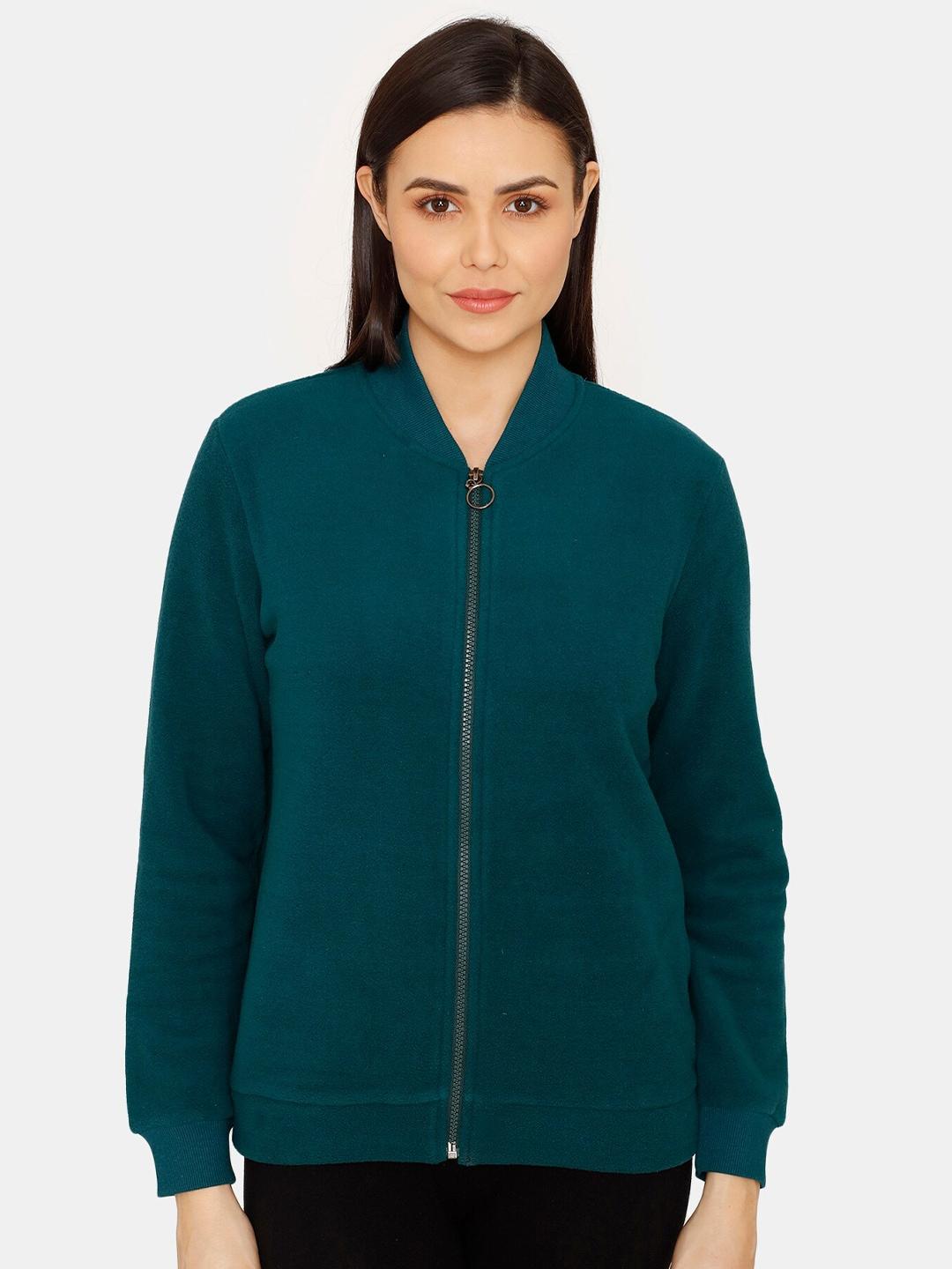 zivame women green solid front open sweatshirt