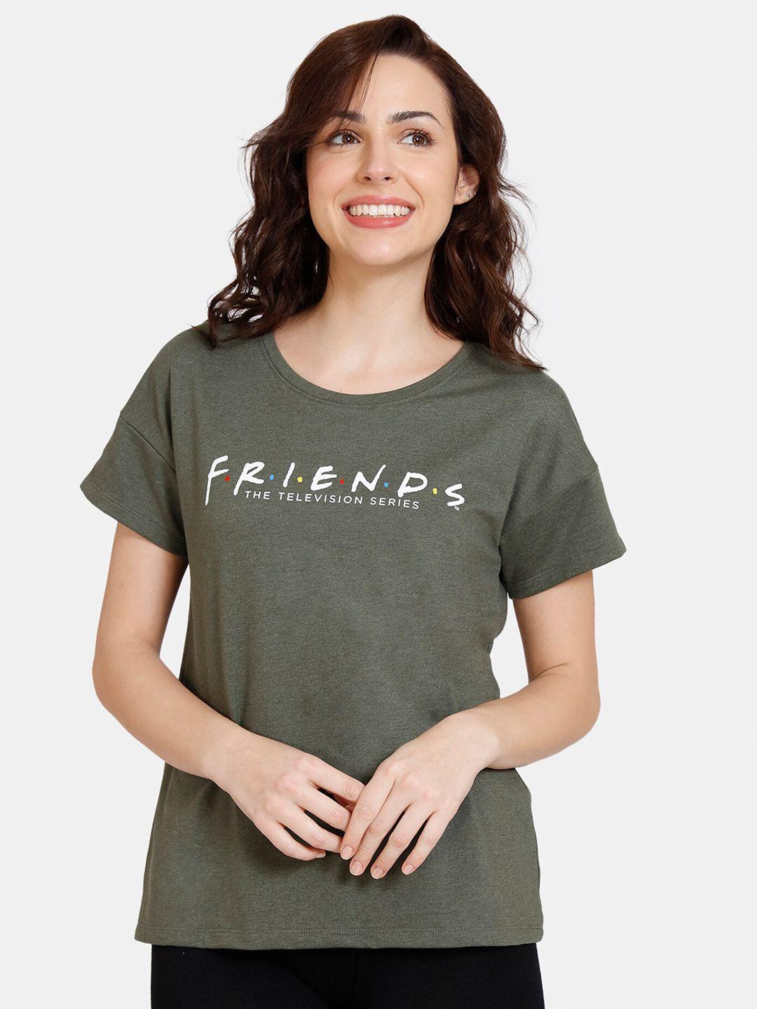 zivame women green typography printed drop-shoulder sleeves t-shirt