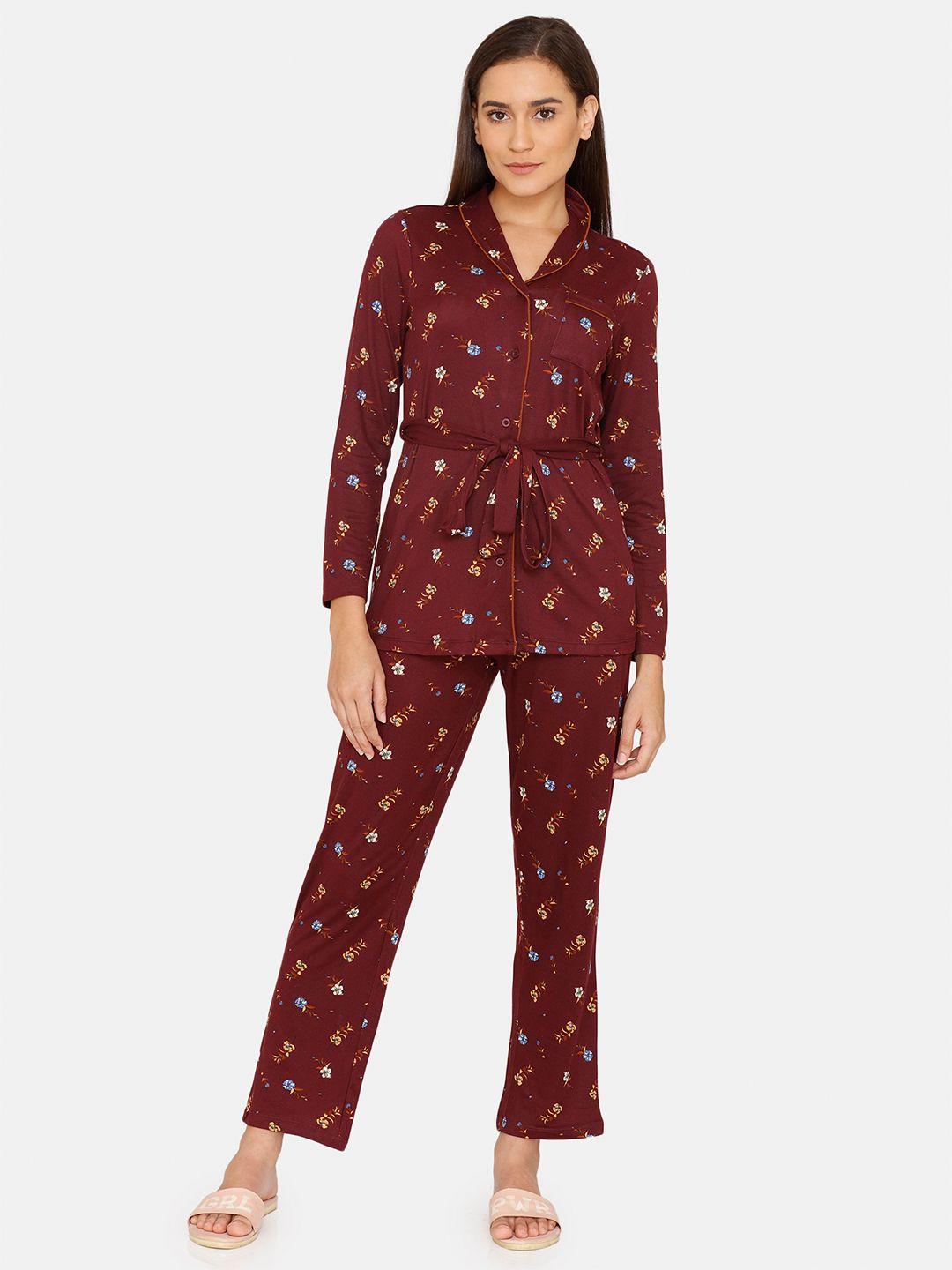 zivame women maroon & blue printed night suit