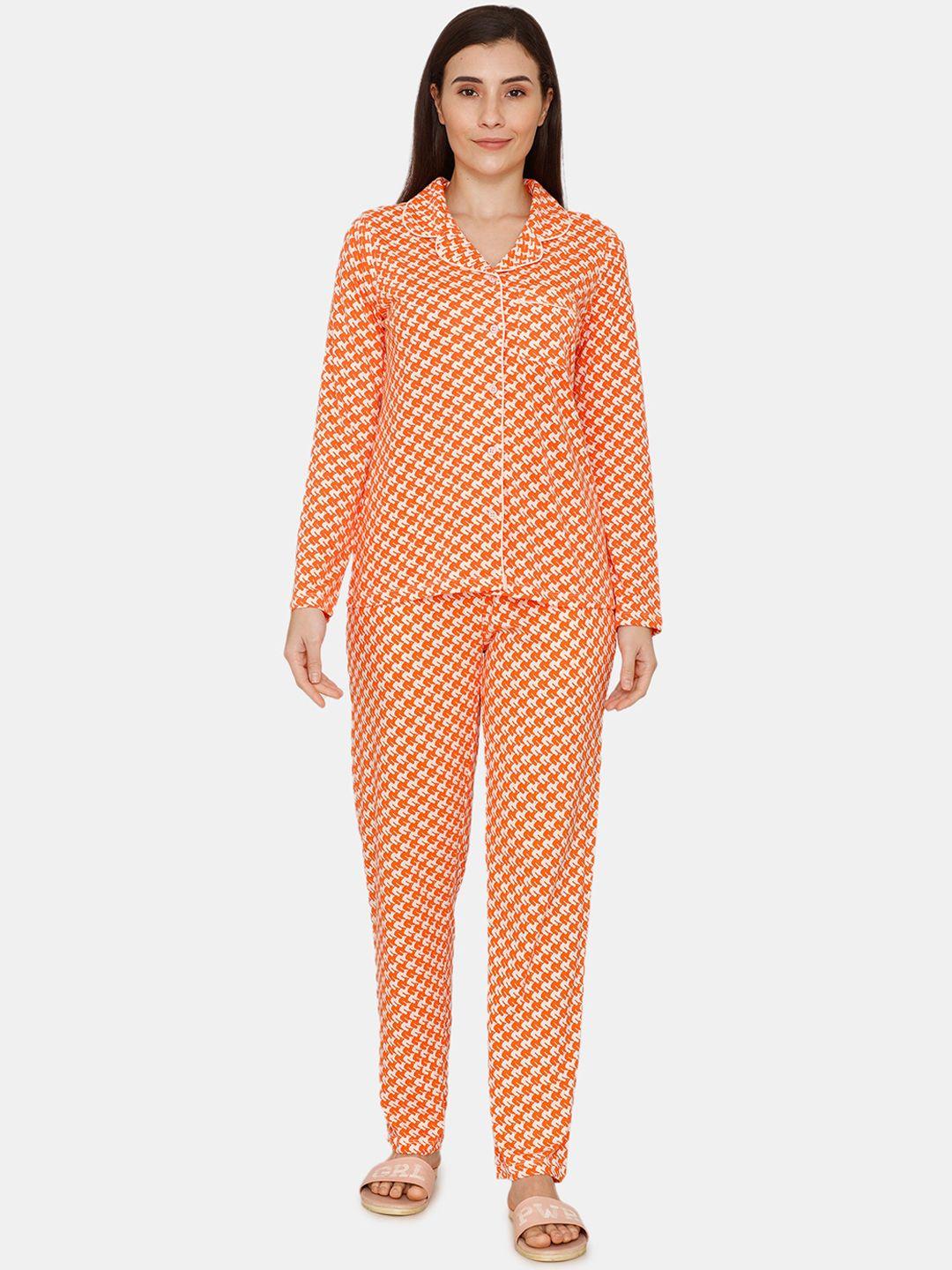 zivame women orange abstract printed shirt & pyjama
