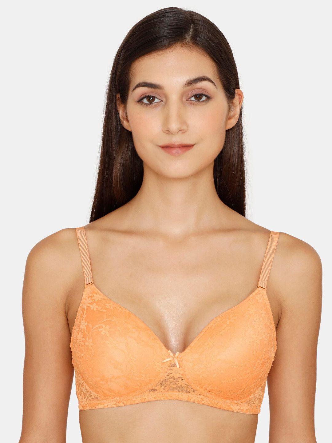 zivame women orange floral lace lightly padded bra