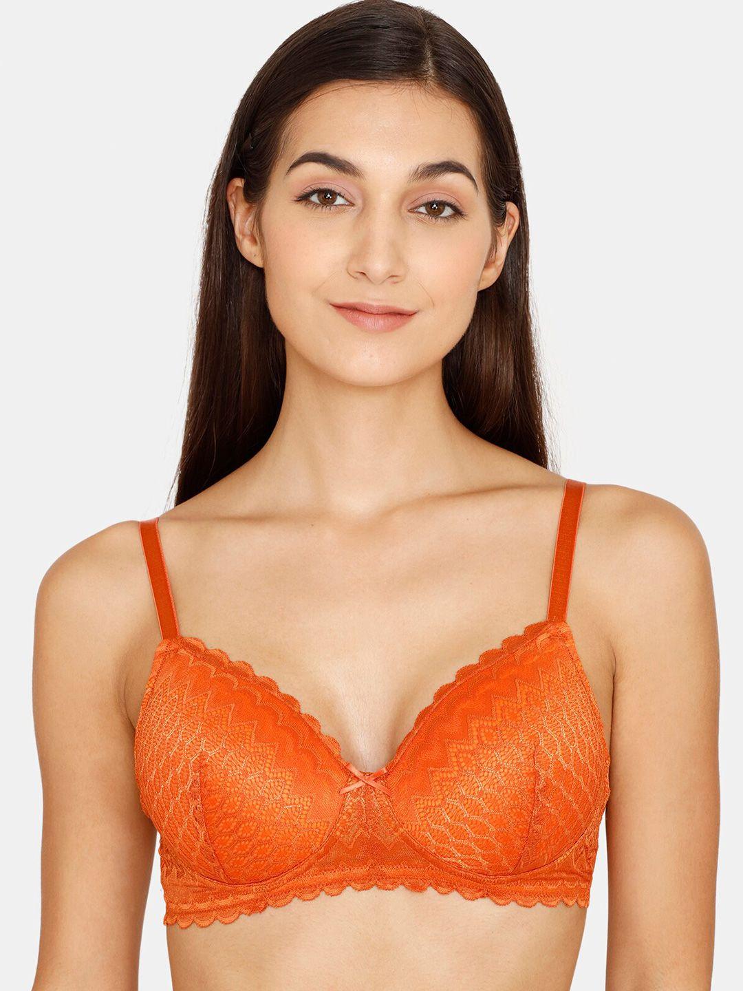 zivame women orange geometric lace lightly padded bra