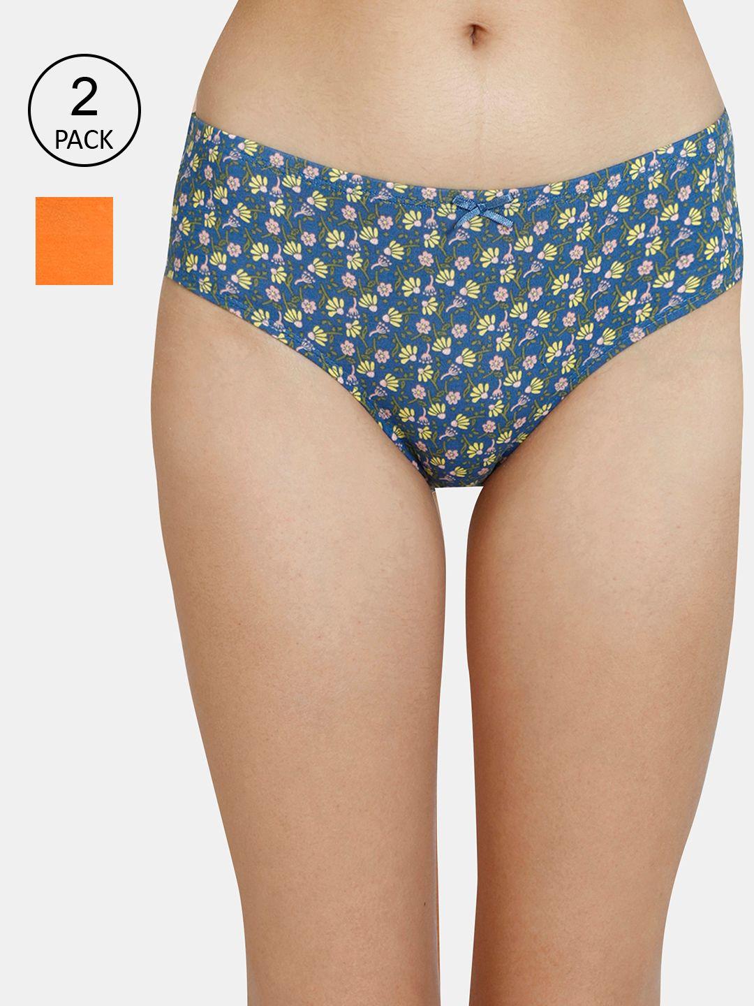 zivame women pack of 2 orange & blue printed pure cotton hipster briefs