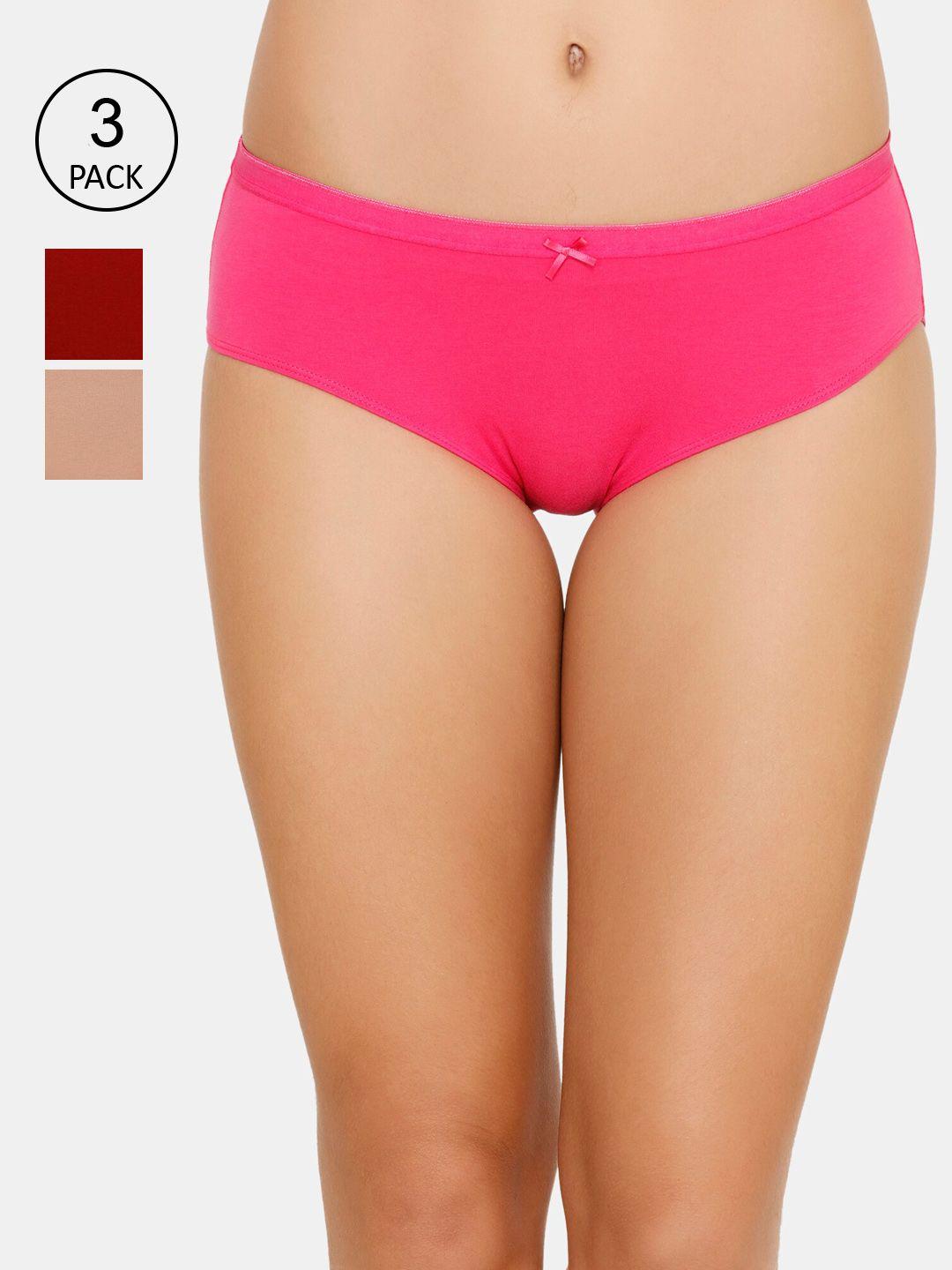 zivame women pack of 3 pink & red solid hipster briefs