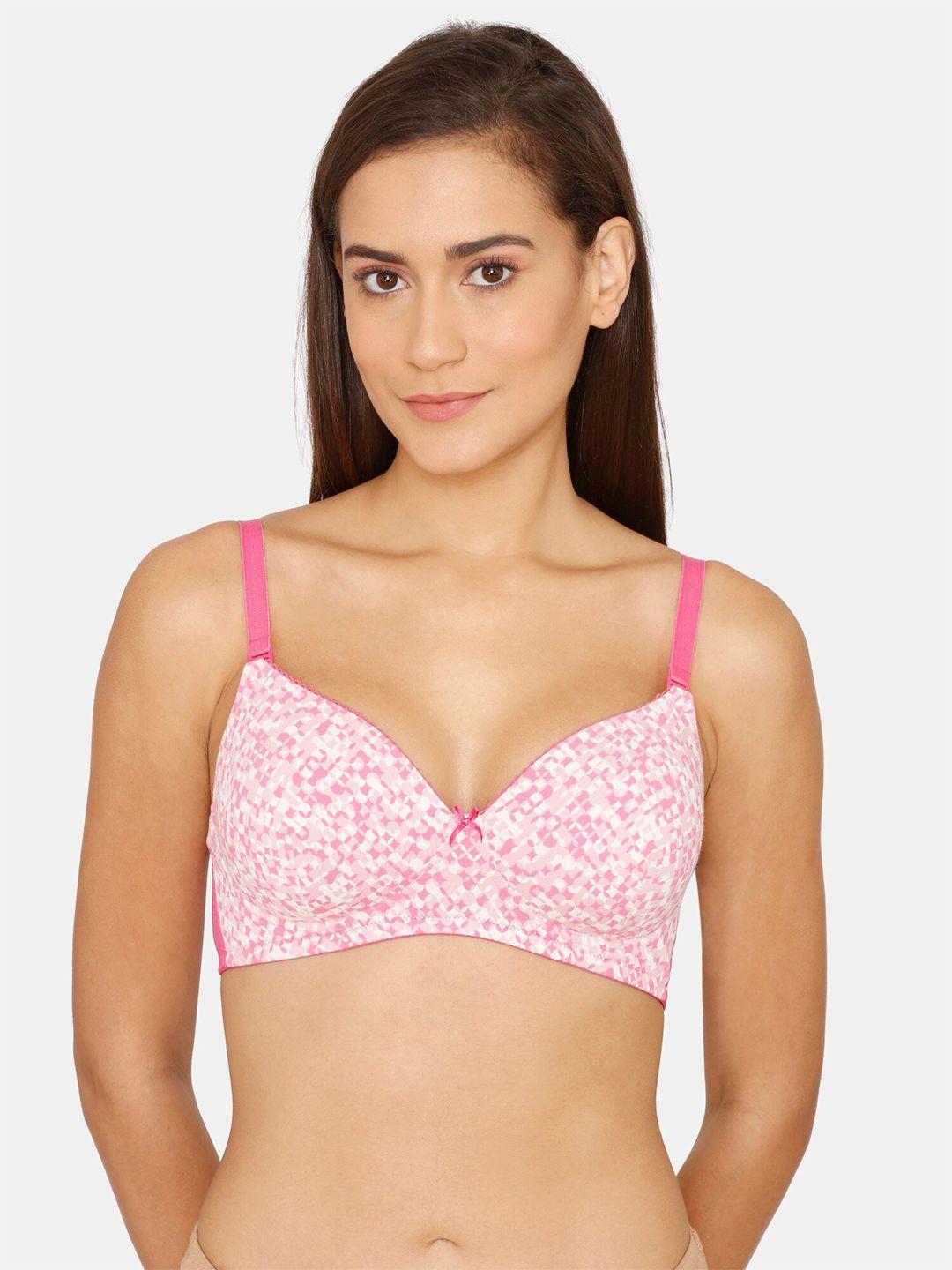 zivame women pink & white abstract printed lightly padded seamless t-shirt bra