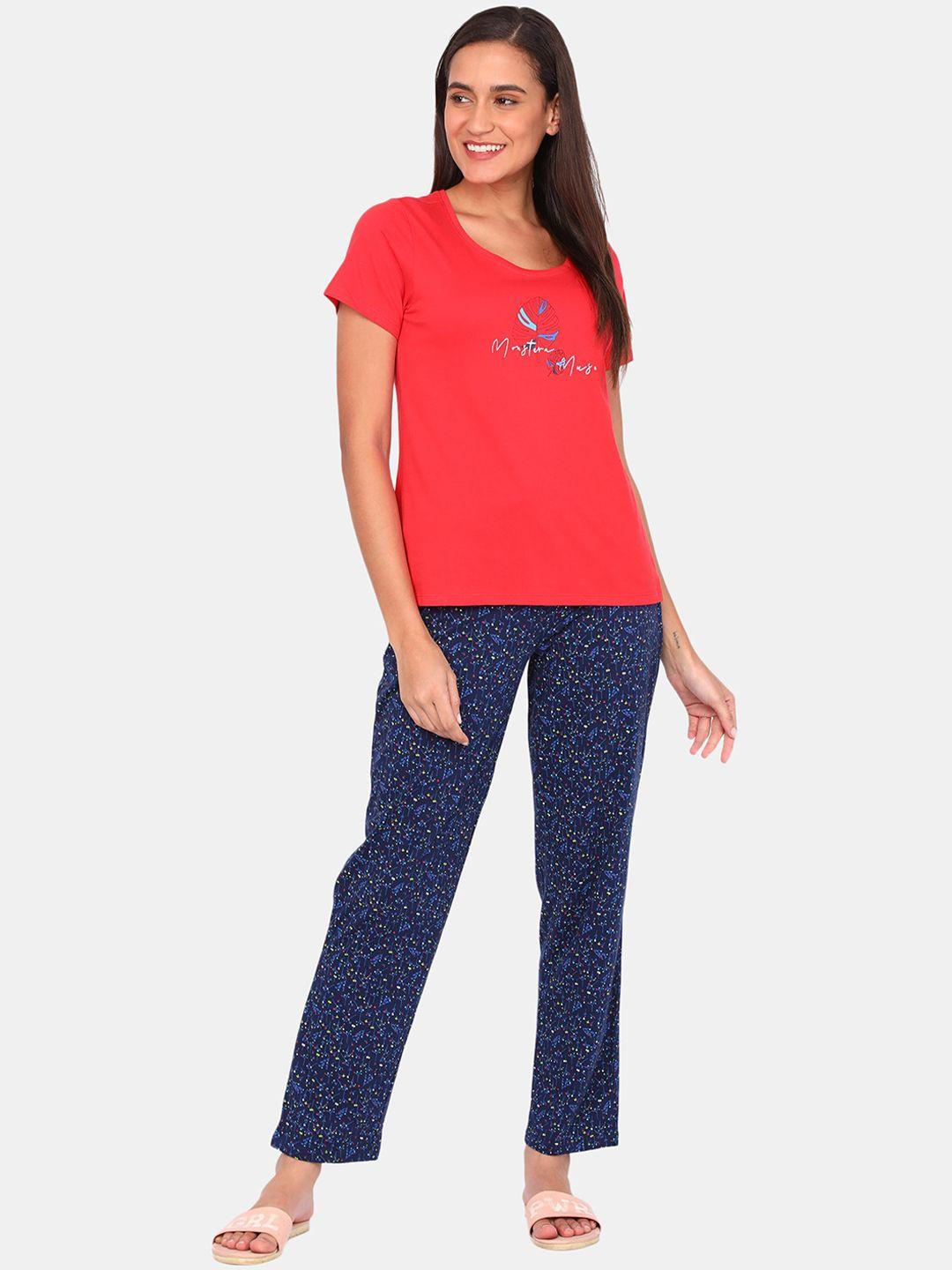 zivame women red & navy blue printed pure cotton night suit