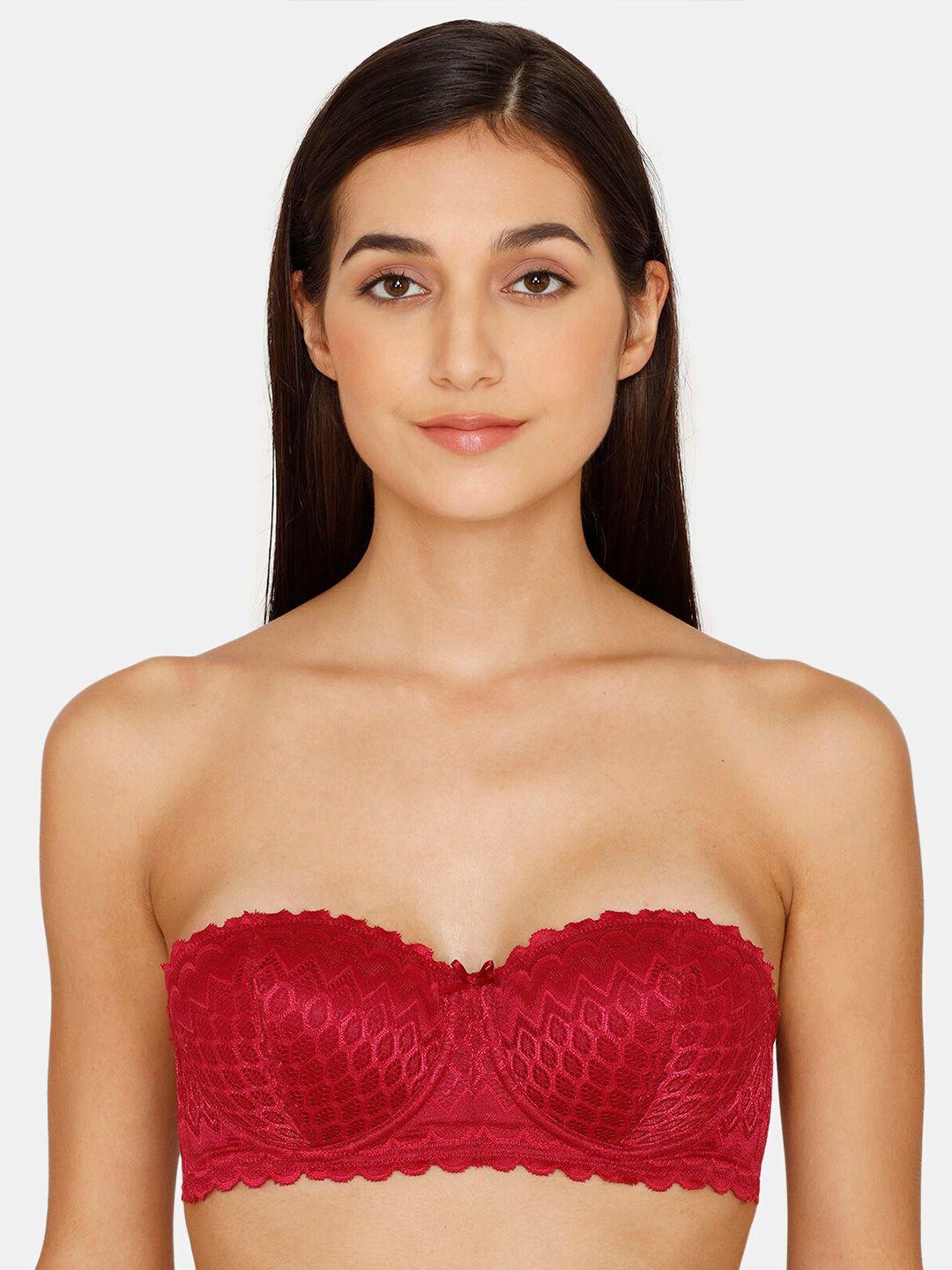 zivame women red geometric lace underwired lightly padded bra