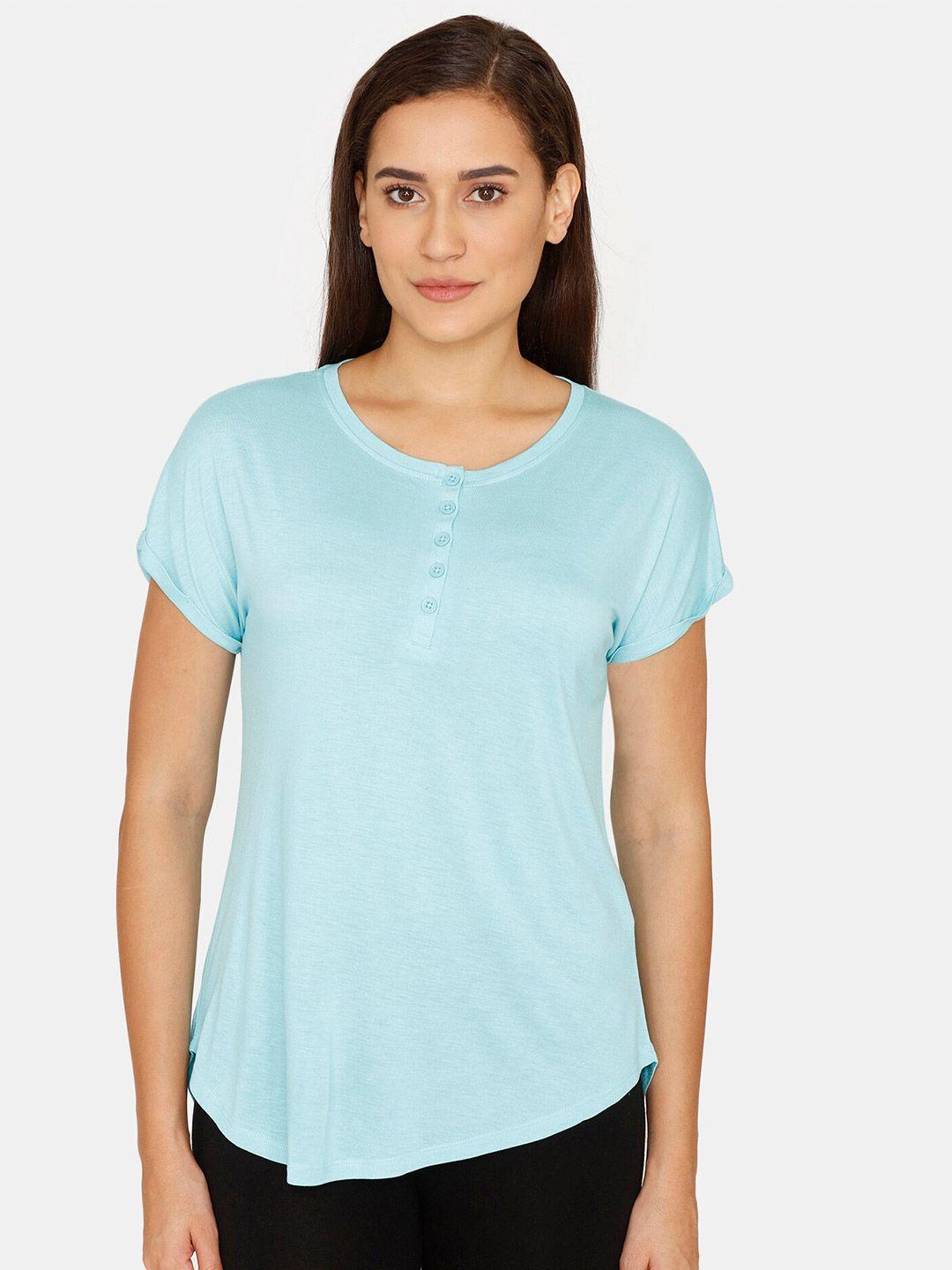 zivame women turquoise blue longline buttoned top