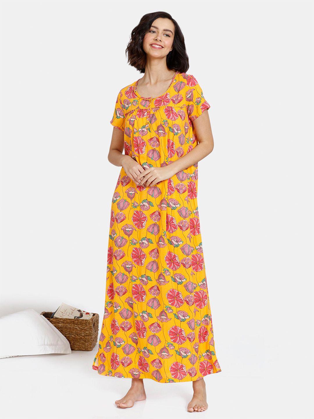 zivame yellow floral printed maxi nightdress
