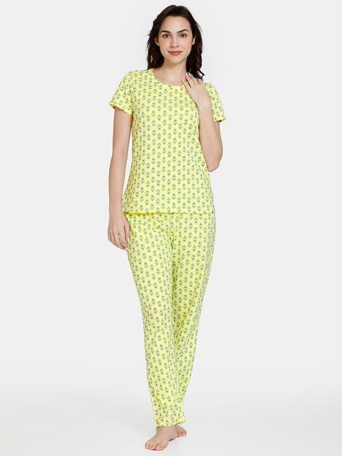 zivame yellow printed top & pyjamas set