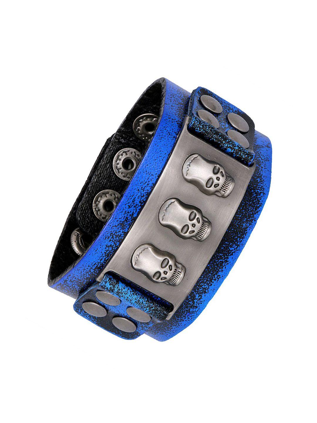 zivom men silver-toned & blue leather antique silver-plated link bracelet