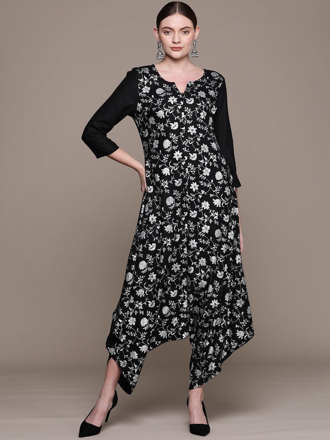 ziyaa black & white floral printed basic jumpsuit