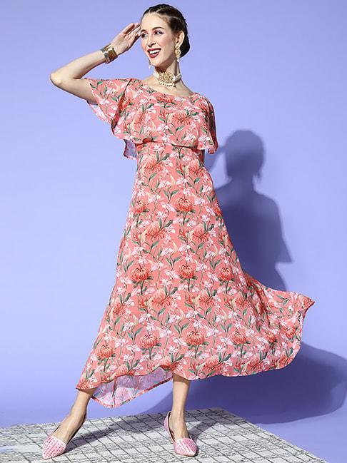 ziyaa coral floral print a-line dress