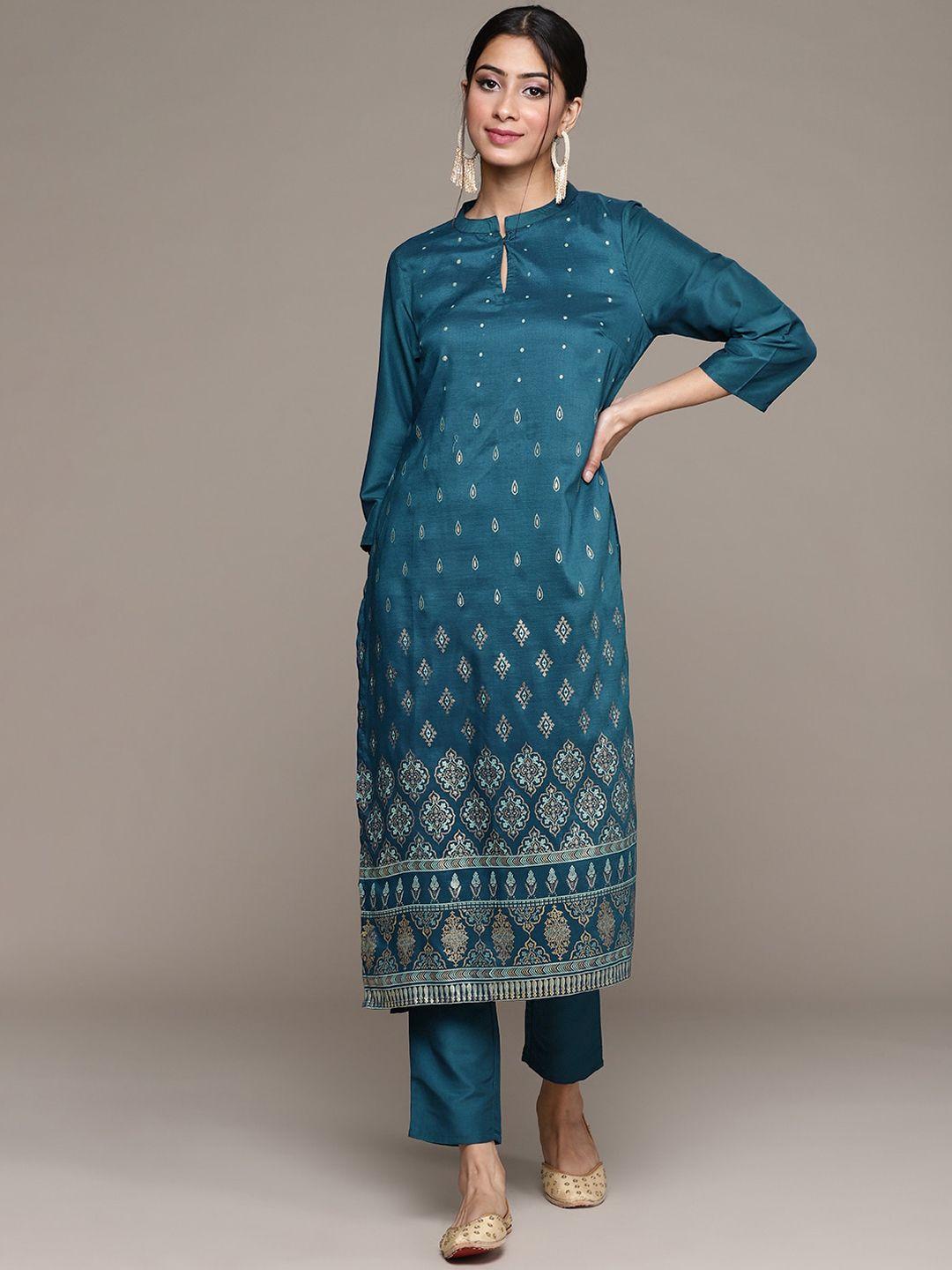 ziyaa ethnic motifs printed mandarin collar kurta with trousers