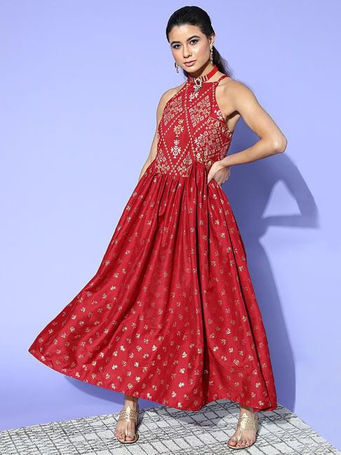 ziyaa maroon printed maxi dress