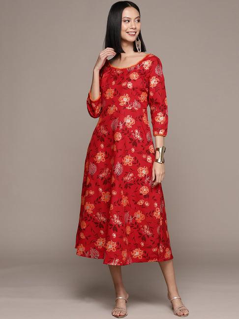 ziyaa red floral print a-line dress