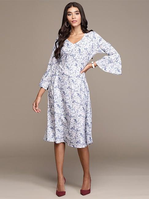 ziyaa white & blue floral print a-line dress